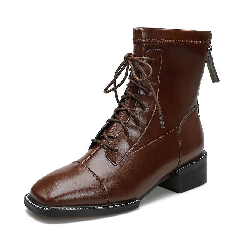 Brown Martin boots women's style lace-up square head medium heel new women's boots fashion medium tube thick heel short boots