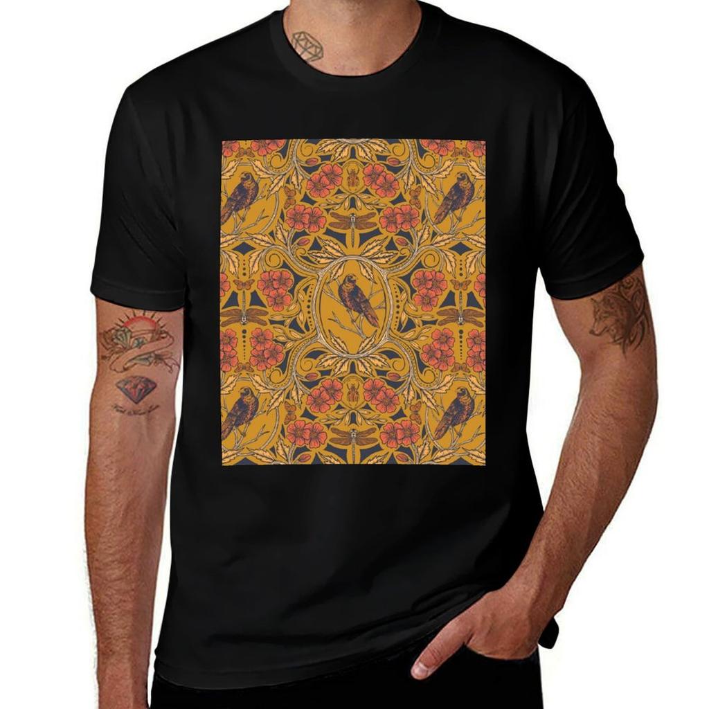 Warm Mustard Yellow Orange Crow Dragonfly Floral Tshirt Fashion Simple Casual Tee Shirt