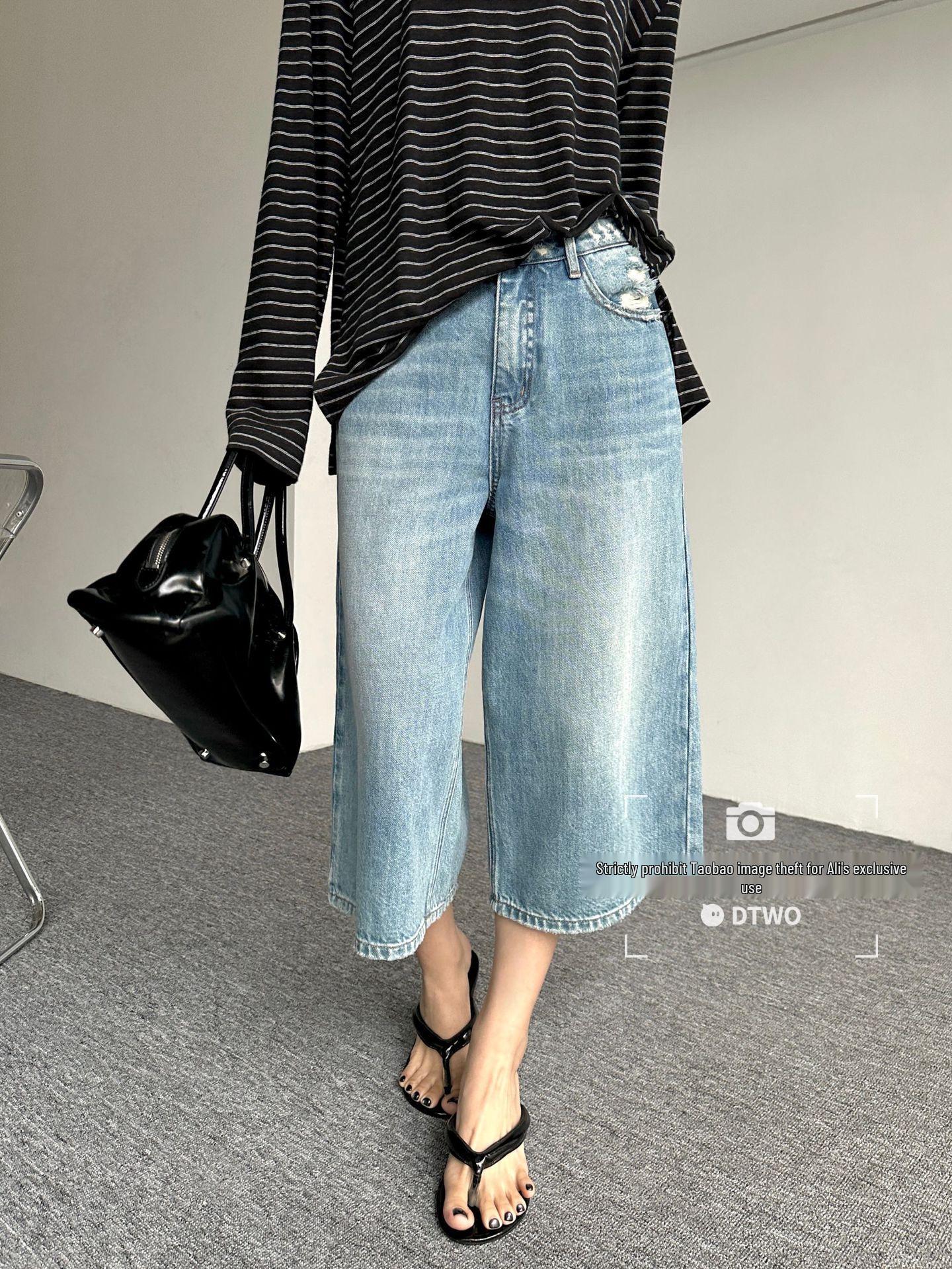 

DTWO Autumn/Winter Original Design Women s Loose Straight Seven-Point Jeans синий