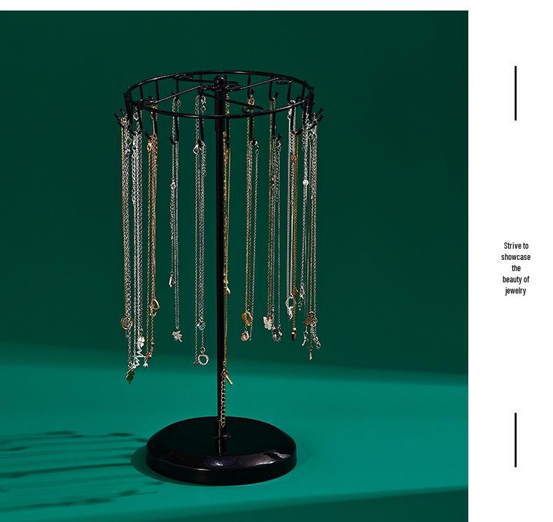 Rotating Jewelry Display Stand: 23-Hook Wrought Iron Rack for Necklaces and Bracelets, Detachable Board for Market Stall.