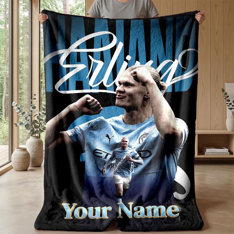 Erling Haaland Custom Name Text Flannel Blanket Soccer Logo Personalized Fleece Throw Blanket Special Gift For Sofa Bedroom Home