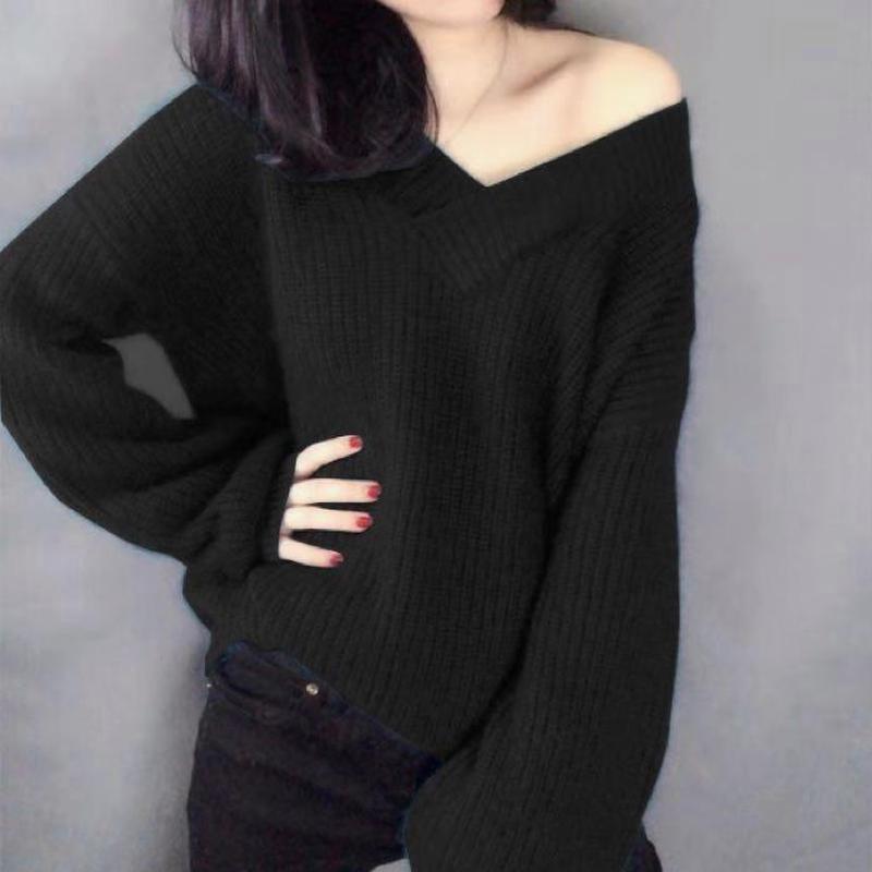 V-neck Sweater Women's Pullover Lantern Sleeves Loose Fashion Knitted Bottoming Shirt Autumn and Winter