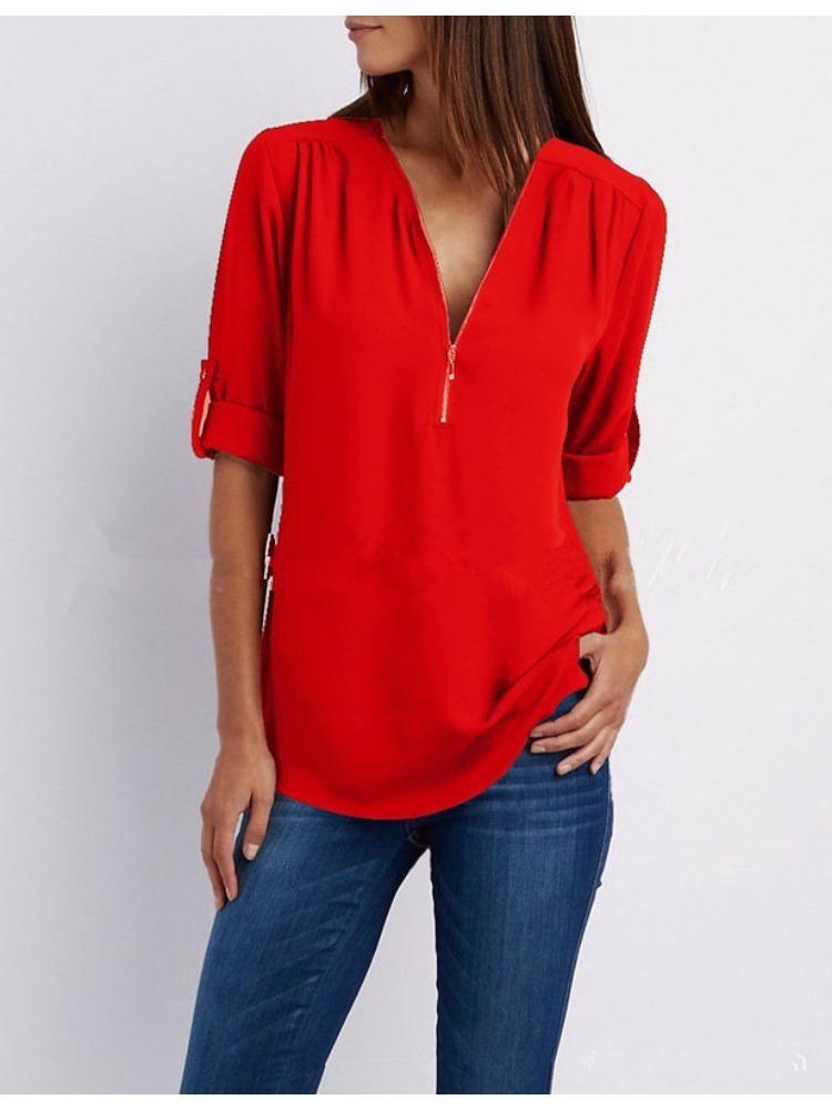 Women's Plus Size Loose Fit V-neck Chiffon Shirt with Long Sleeves and Adjustable Zipper