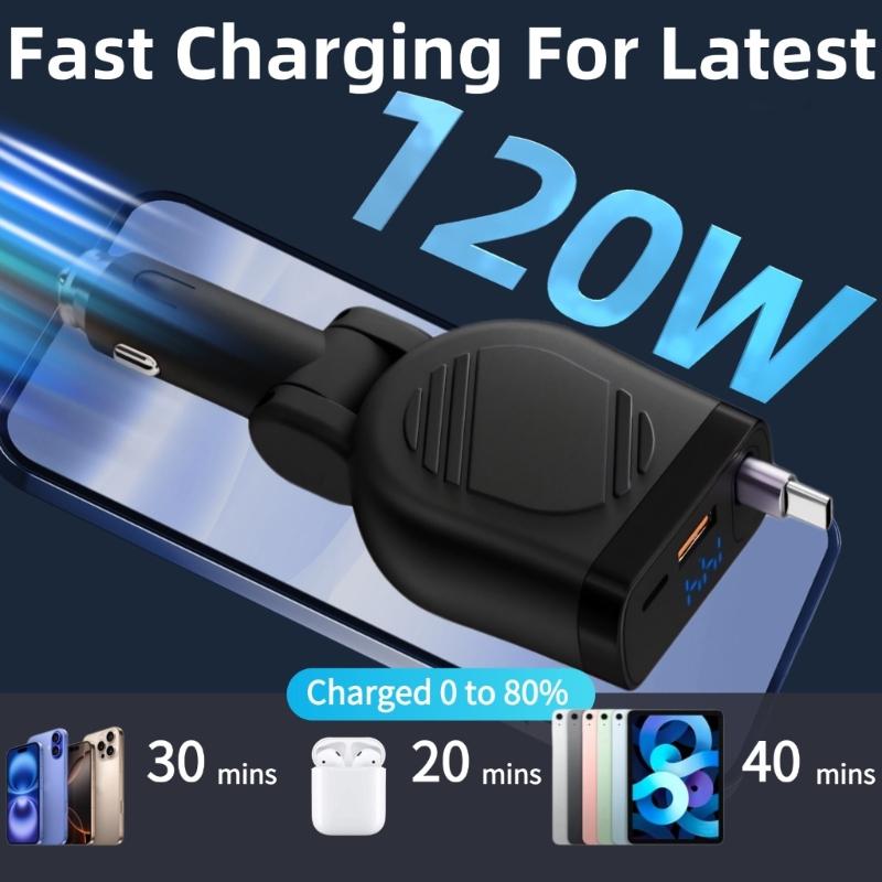120W Retractable Car Charger 4 in 1 Fast Car Phone Charger with Cord USB C Car Adapter for Phone Tablet Laptop Devices