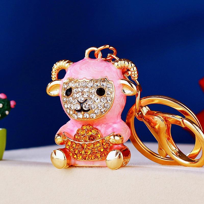 Goat Zodiac Sheep Keychain Durable Metal With Rhinestones Chinese Lucky Charm Pendant For Car