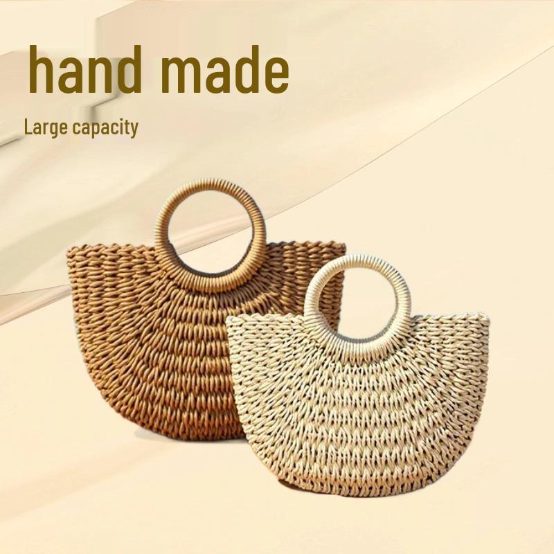 

Круглая плетеная сумка из соломы в стиле ретро - Повседневная пляжная сумка для отпуска для женщин Small Khaki