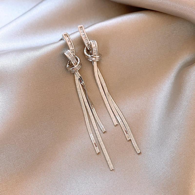 Zircon knotted tassel stud earrings fashion trend long earrings earrings women