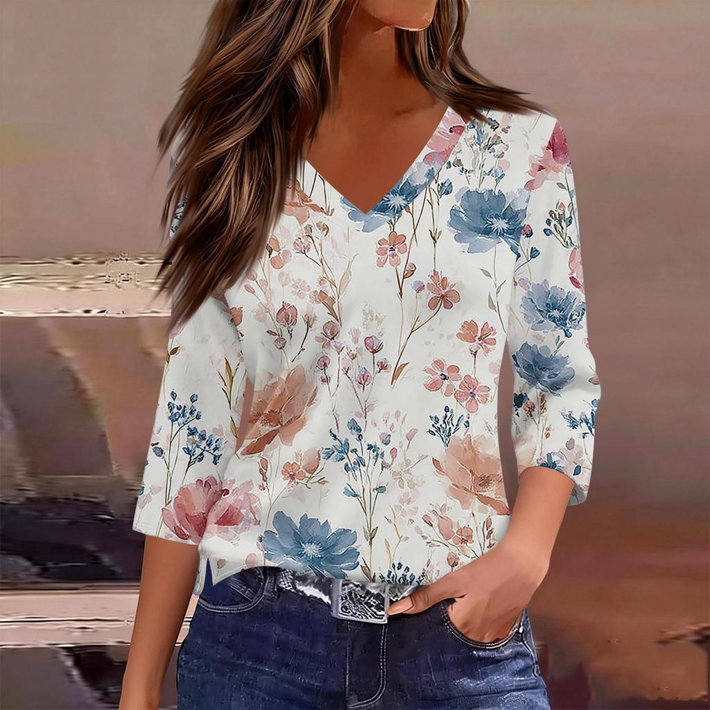 Women’s V Neck 3/4 Sleeve Blouse with Large Floral Print Relaxed Fit Lightweight Casual Top for Daily Wear