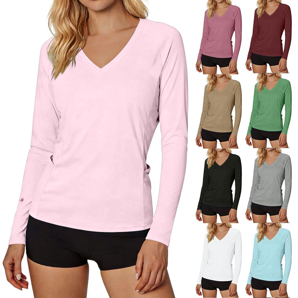 Women Lightweight Long Sleeve Sun Protection Shirt V Neck Quick Dry Breathable UV Protection Activewear Top for Outdoor Sports