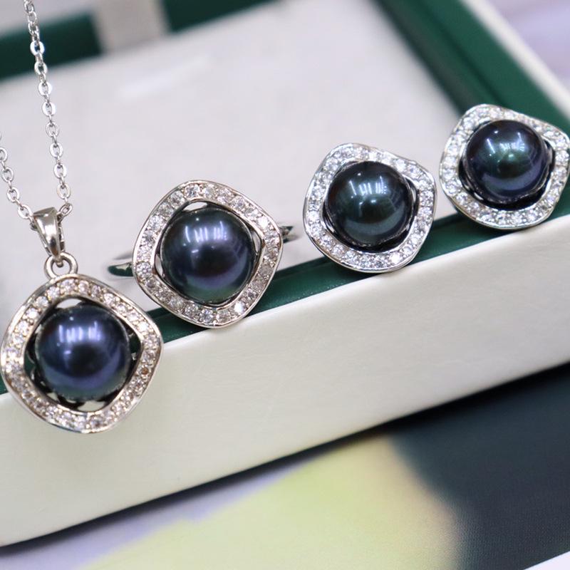 Elegant 8-9mm Freshwater Pearl Necklace, Silver Stud Earrings, and Ring Set for Women