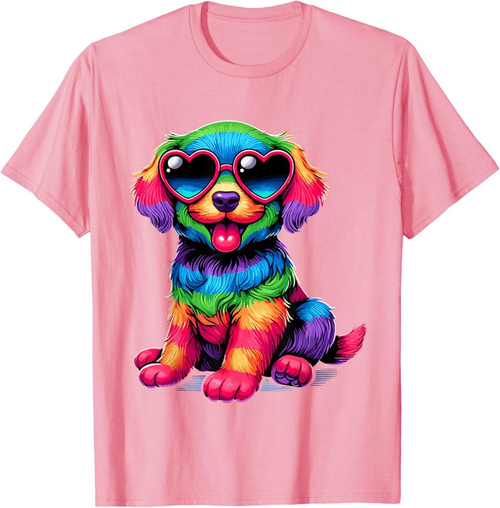 Rainbow Furry Dog With Heart Sunglasses Graphic Print Cotton T-Shirt Casual Trip Wear