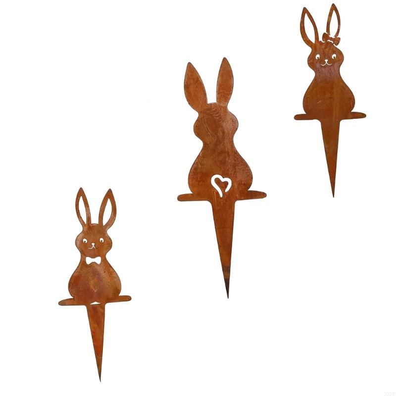 Easter Sign Rusted Rabbit Statue Tree Pot Stake Perfect for Rusty Porch and Garden Sculpture Decoration