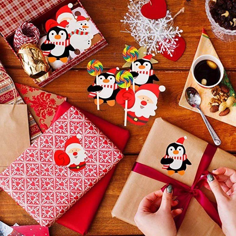 50pcs Christmas Lollipop Paper Cards Cartoon Santa Claus Penguin Kids Candy Gifts Package Wrapping New Year Party Decoration