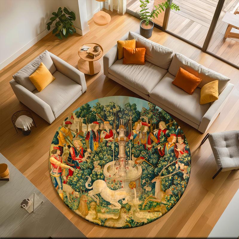 1pc Medieval Unicorn Hunting Round carpet Painted Printed circular carpet, home door mat, outdoor travel protection carpet