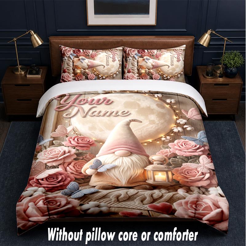 Gnome Theme Custom Text Or Name 3Pcs Bedding Set,1 Flat Sheet & 2 Pillowcases Personalized Home Bedding