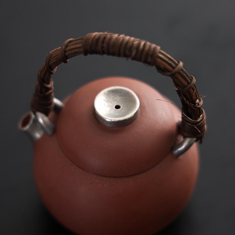 Small Gilded Silver Teapot with Rattan Woven Handle, Original Purple Clay Pottery