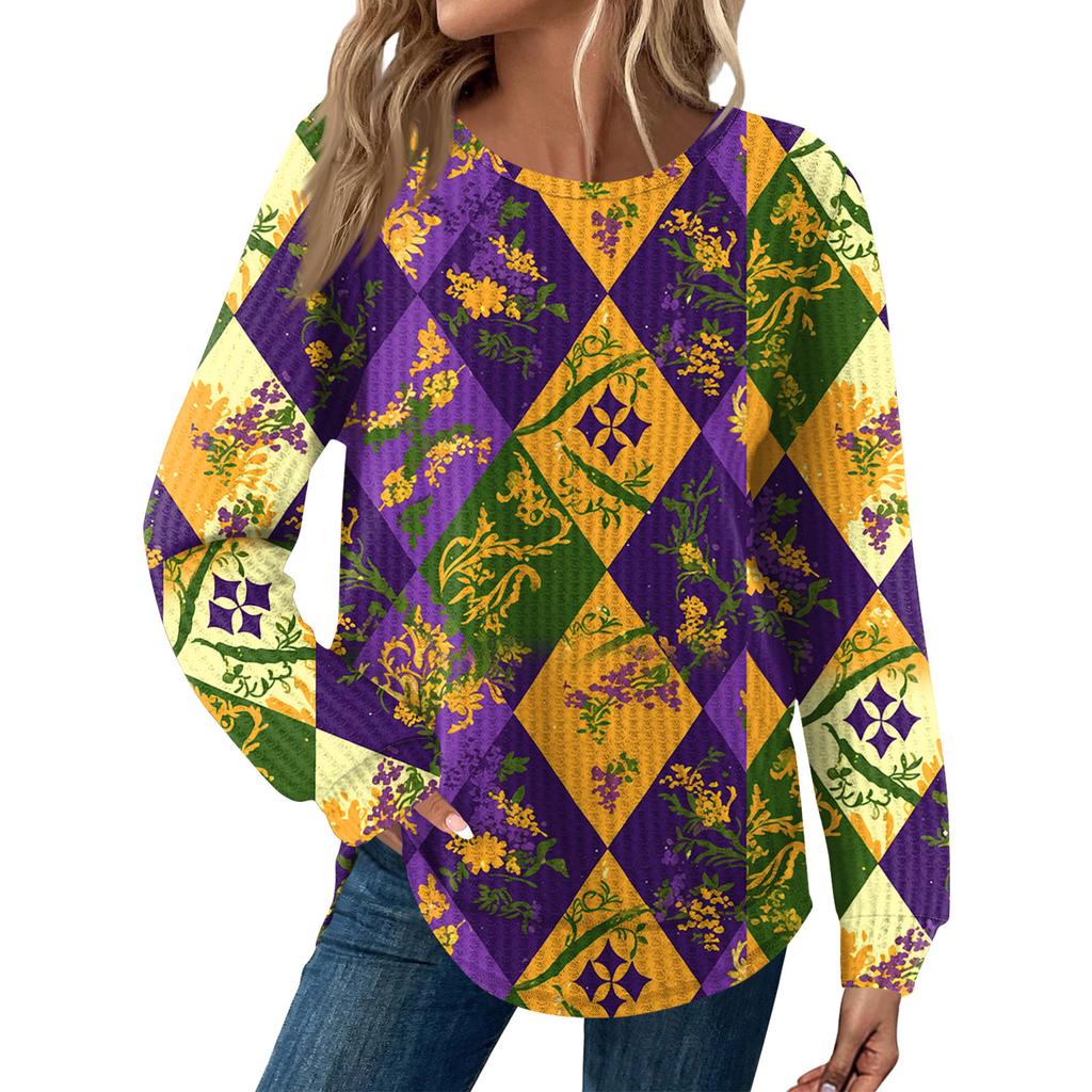 Damenmode Locker Langarm Karnevals-Print Rundhals Casual Oberteil