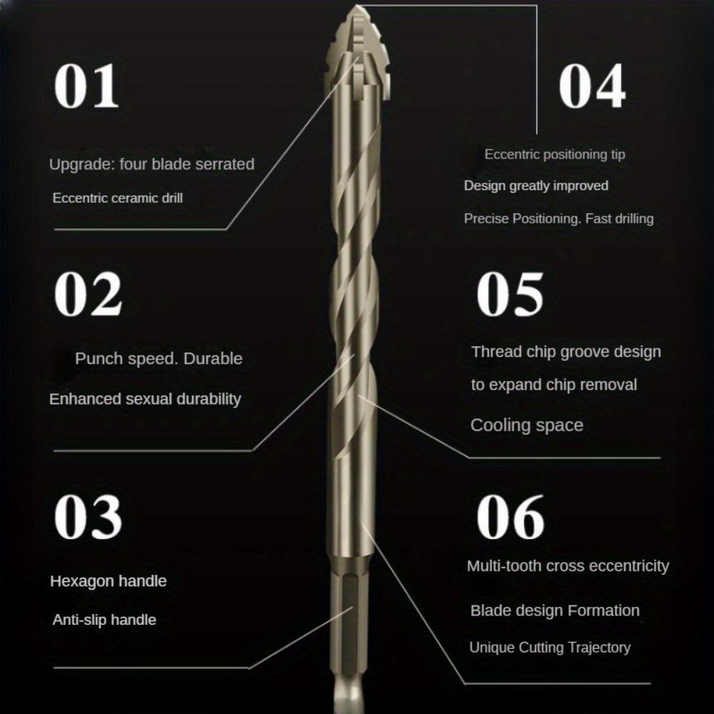 4 bucăți de burghie din carbură sunt extrem de eficiente și rezistente la uzură, burghie excentrice cu 4 tăișuri zimtate pentru găurirea uscată a plăcilor ceramice, a ceramicii