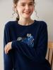 Women's Dark Blue Short Jacquard Cashmere Sweater - Round Neck, Loose Knit, Base Layer