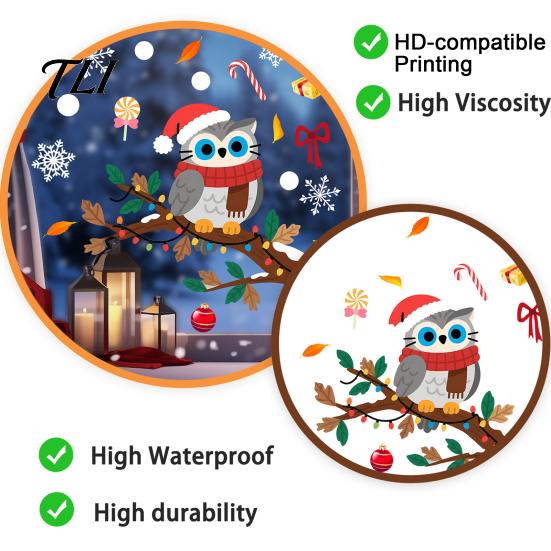 Creative Gift for Friends Cute Christmas Owl Window Sticker, Snowy Branch Candy Glass Decal, Waterproof Self Adhesive Seasonal Wall Art Xmas