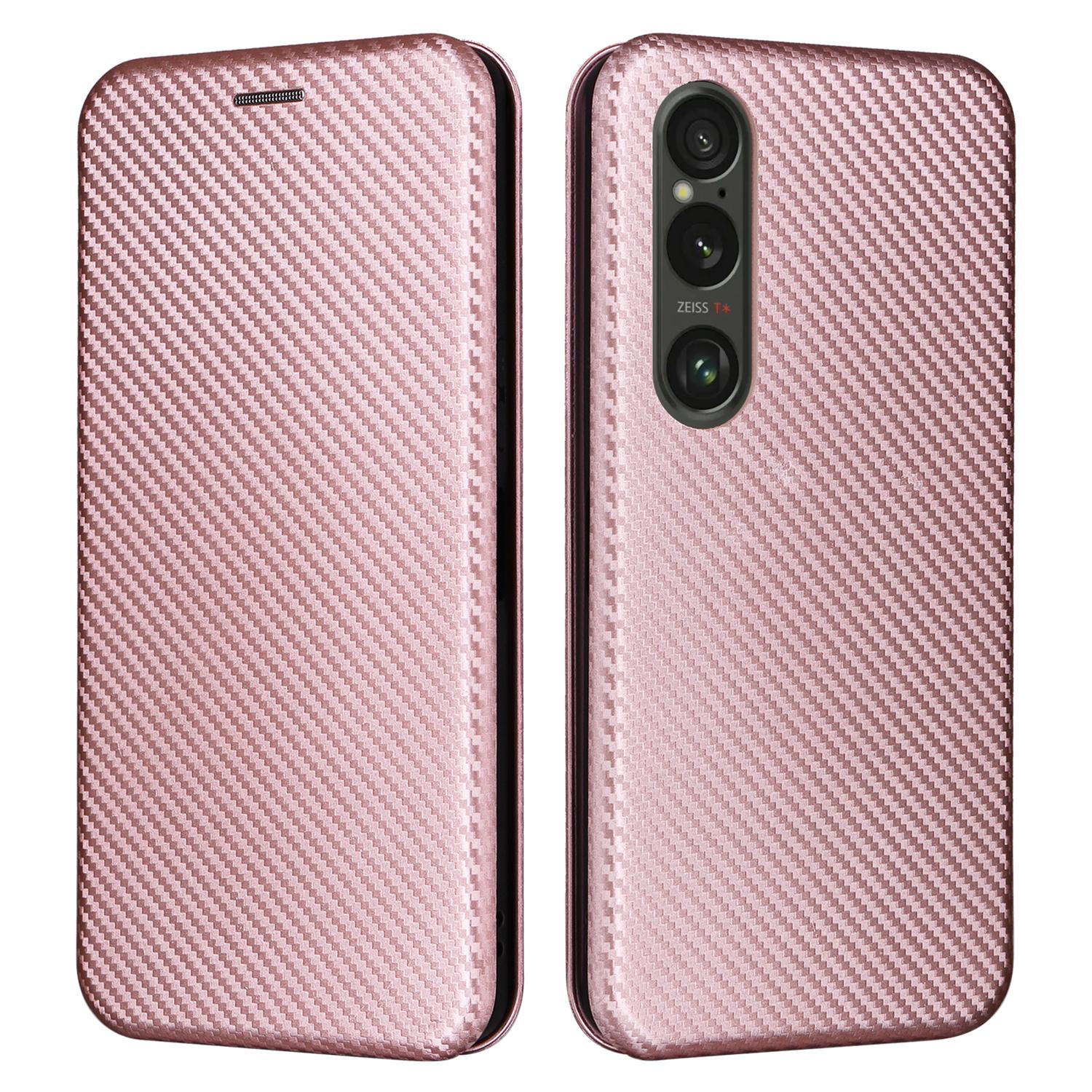 

Чехол для Sony Xperia 1 VI Магнитный Кожаный Чехол с Текстурой Углеродного Волокна Полная Защита Rose Gold