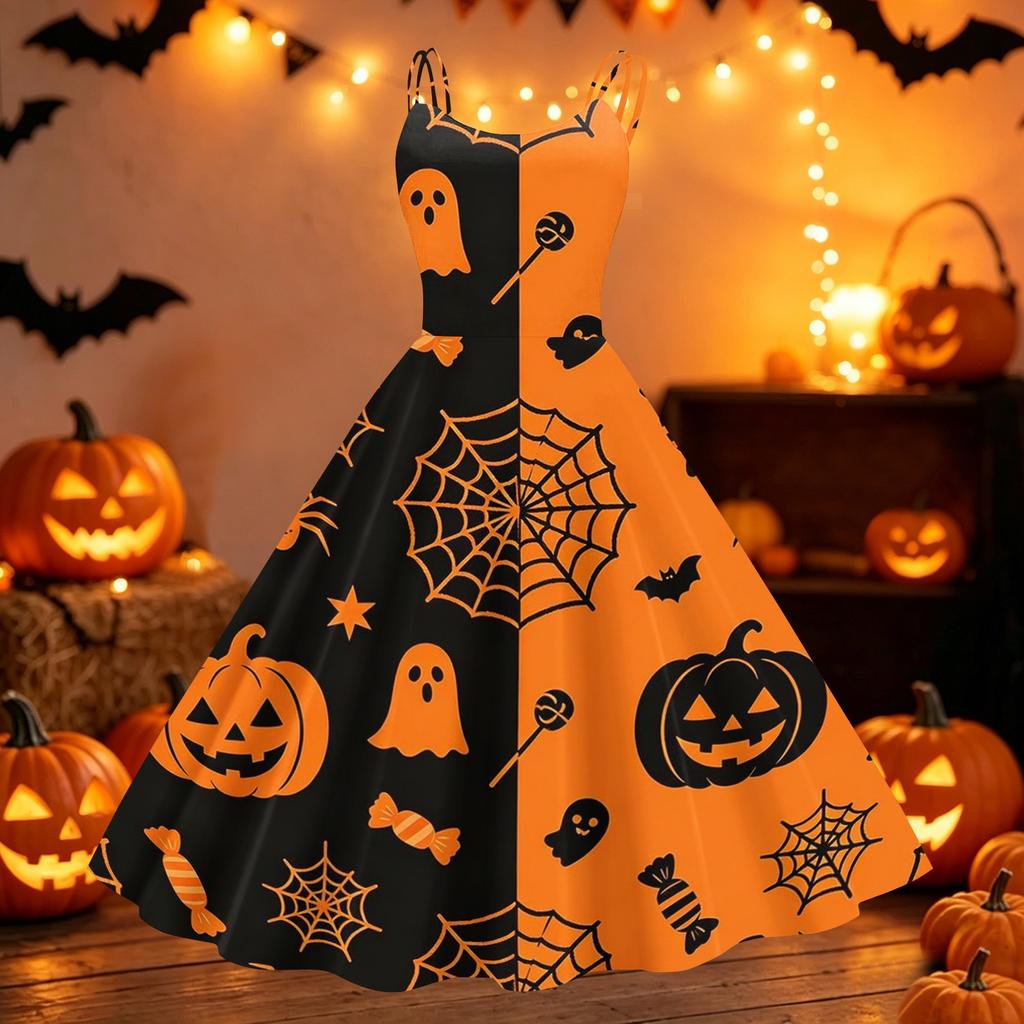 Women Halloween Printed Off Shoulder Vintage Punk Dress Sleeveless Swing Dress Party Dress with Adjustable Straps