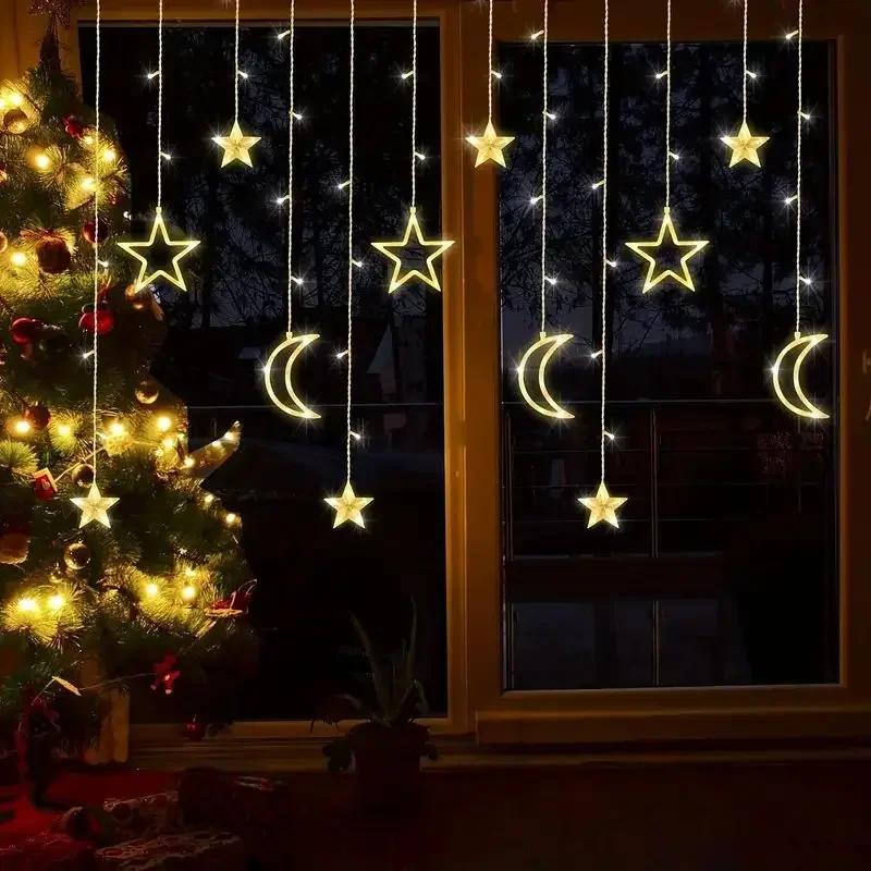 Star and Moon Hanging LED Curtains String Lights Battery Powered Twinkling Fairy String Lights Warm White Christmas Holiday Gift