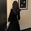 Square Neck Gold-edged Velvet Dress In Spring and Autumn New Retro Hepburn Style with Black Temperament Mid-length Skirt