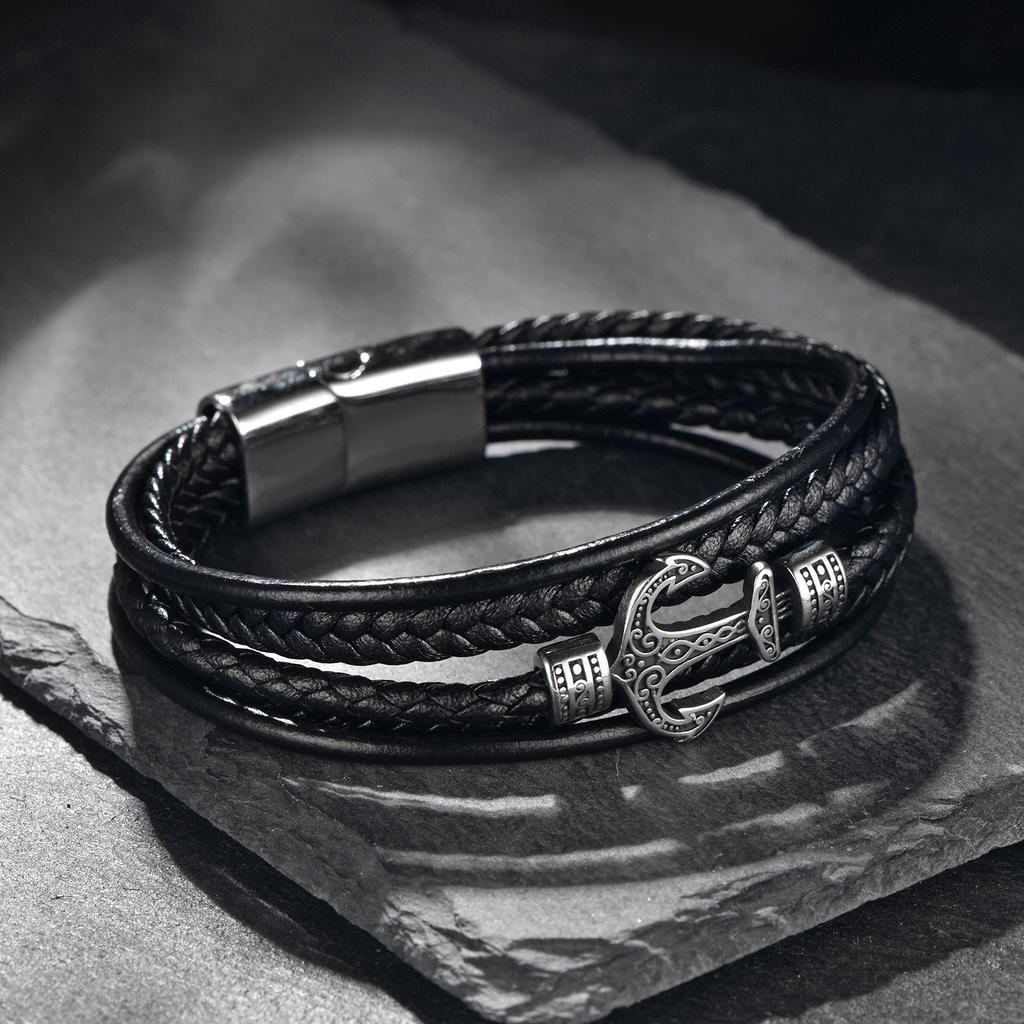 Leather Bracelet Stainless Steel Leather Braided Bracelet Ship Anchor Multi Layer Men's Leather Jewelry Bracelet