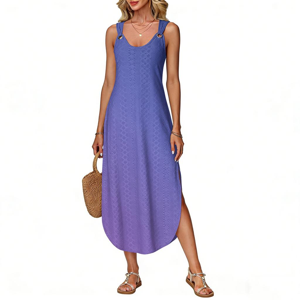 Women's Summer Long Dress, Sleeveless with Side Slits, Long Gradient Vest Dress