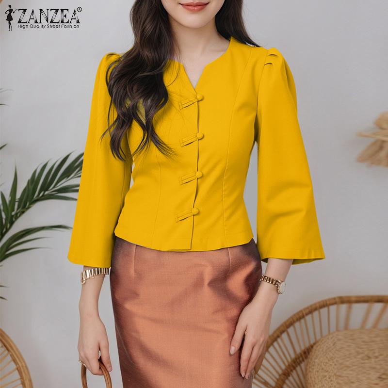 ZANZEA Women Casual V-Neck Solid Color 3/4 Sleeve Blouse