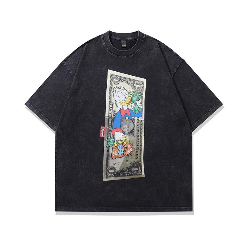 Trendy Brand Men'S Clothing American Vintage Retro Kpop Printing Heavy Cotton Washed Short-Sleeved T-Shirt Men And Women Trendy