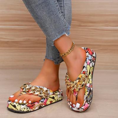Fashion Women's Platform Flip-flops Slippers Summer New Graffiti Metal Chain Decoration Wedge Slippers for Women Beach Shoes Plus Size