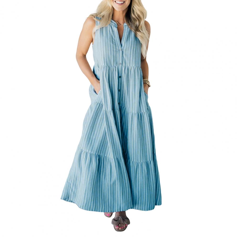 Summer Women Dress Sleeveless A-line V Neck Striped Print Single-breasted Side Pockets Big Swing Buttons Shirt Type Pleated Patc