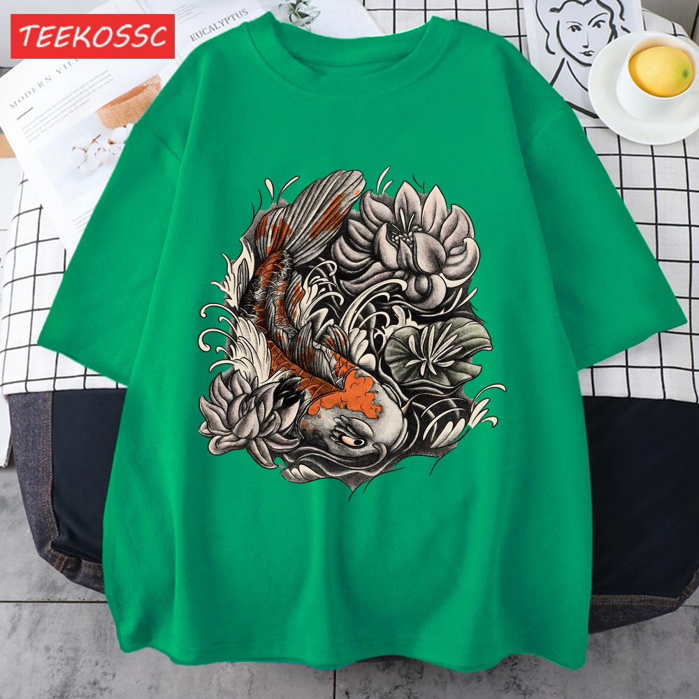 Japanese Harajuku Lotus Koi Print Men T Shirts AllMatch Cotton TShirt Casual Crewneck Loose Streetwear Man Summer Basics Top