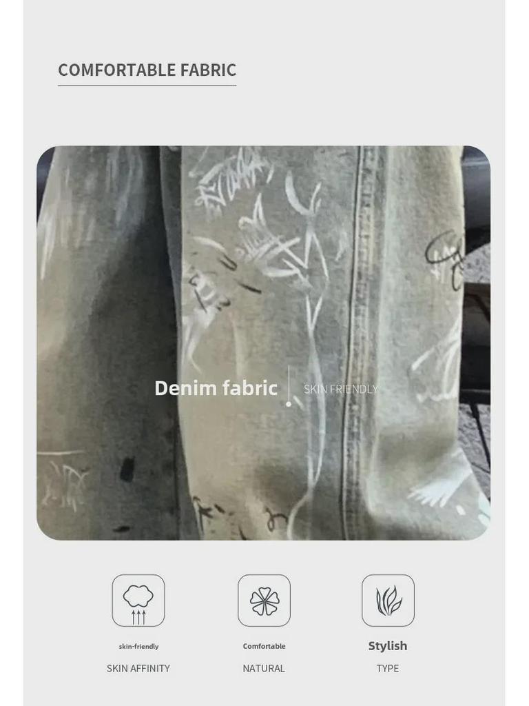 Nostalgic Color 2024 Men's Wide-Leg Jeans with Graffiti Design for Spring & Autumn