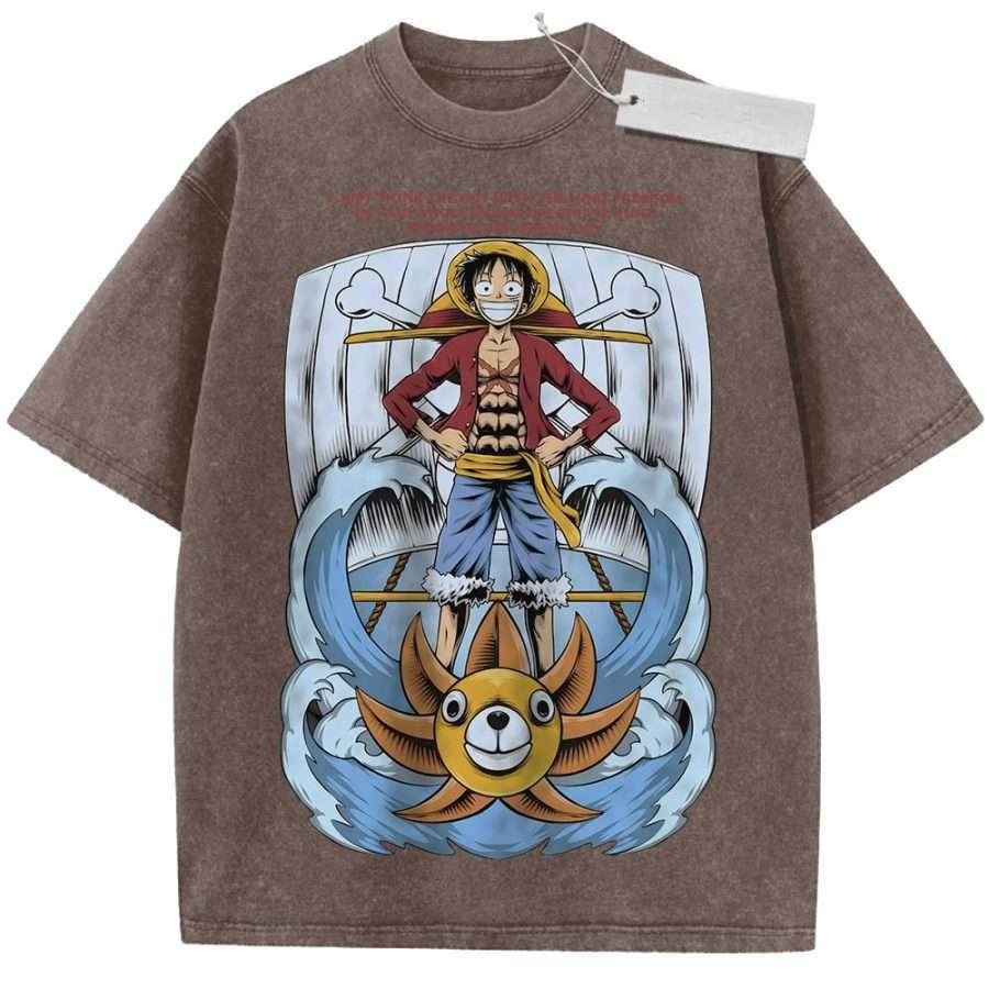 

Unisex Washed Beige Vintage Tshirt One Piece Luffy Sun Pirate Ship Quote Highquality Fabric for Home Leisure Travel Shopping M