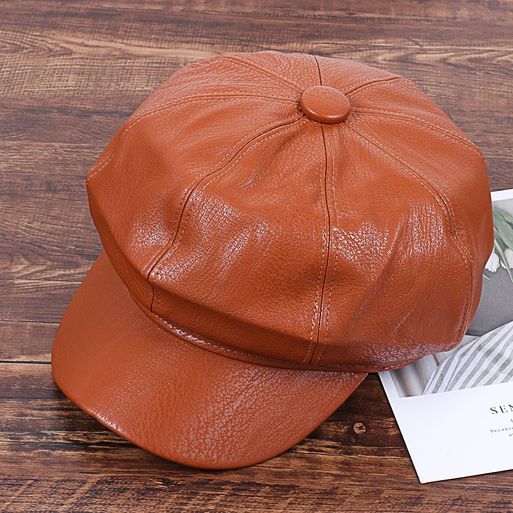 Casual PU Leather Solid Color Octagonal Beret Hat Peaked Cap Newsboy Hat Newsboy Cap