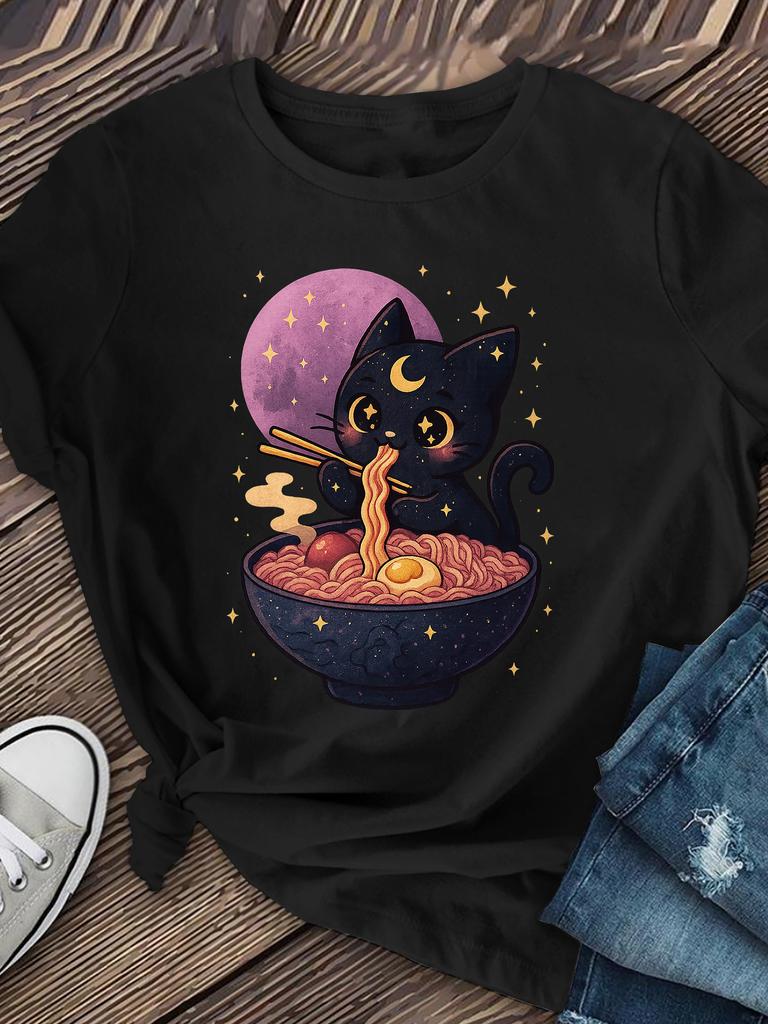 Cute Black Cat Ramen Night Moon Stars T-shirt