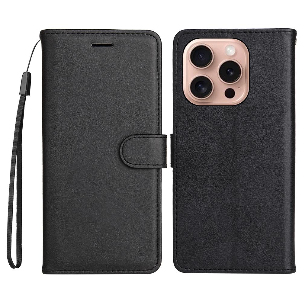 

For iPhone 16 Pro Protective Case Solid Color Leather Mobile Cover Wallet Stand with Strap Black