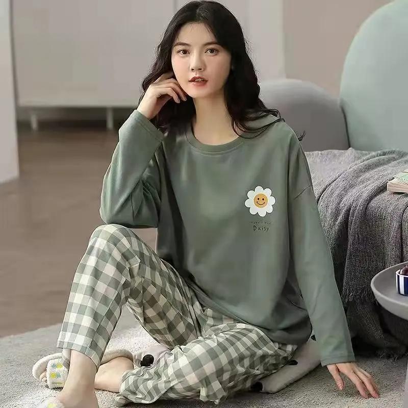 Spring Autumn Women's Polyester Pajamas Plaid Long-sleeved Home Sleepwear Womens Simple Loose Casual Suits