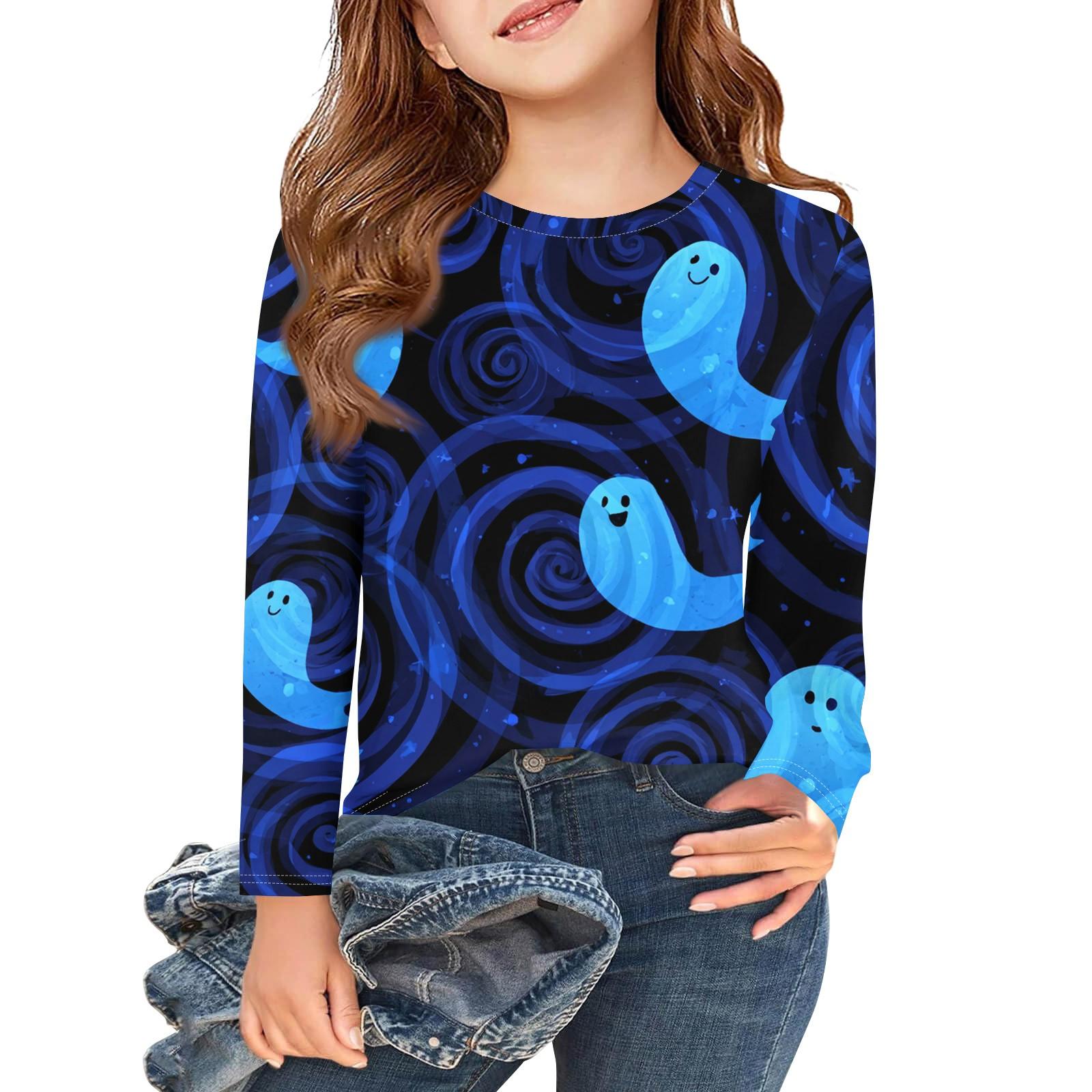 

Футболки с длинным рукавом для девочек, детские осенние топы, круглый вырез, с принтом на Хэллоуин, базовые футболки 3-9 лет 140