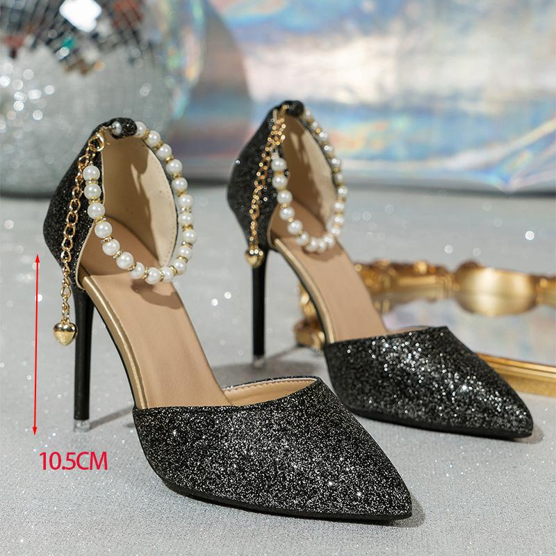 

Золотые Серебряные Босоножки на Высоком Каблуке для Женщин Блестящая Искусственная Кожа Острый Носок Вечерняя Обувь Жемчужная Пряжка на Щиколотке Декор Босоножки на Тонком Каблуке 40