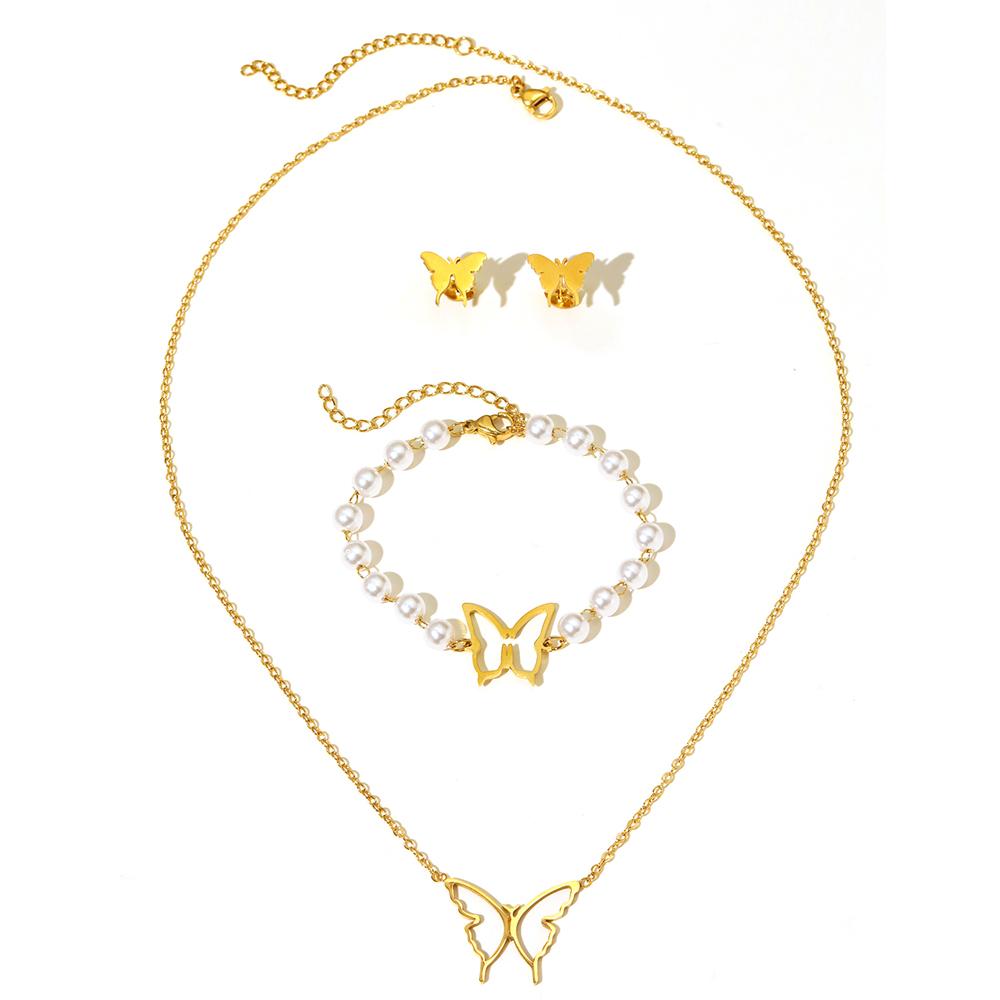Stainless Steel Jewelry Set Necklace Earrings Pearl Bracelet Skeleton Butterfly Simple Design Jewelry Set For Women Jewelry Gift