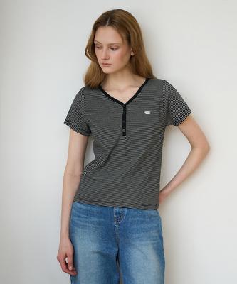 DEHEVE Stripe Henley Neck T-Shirt [Black]