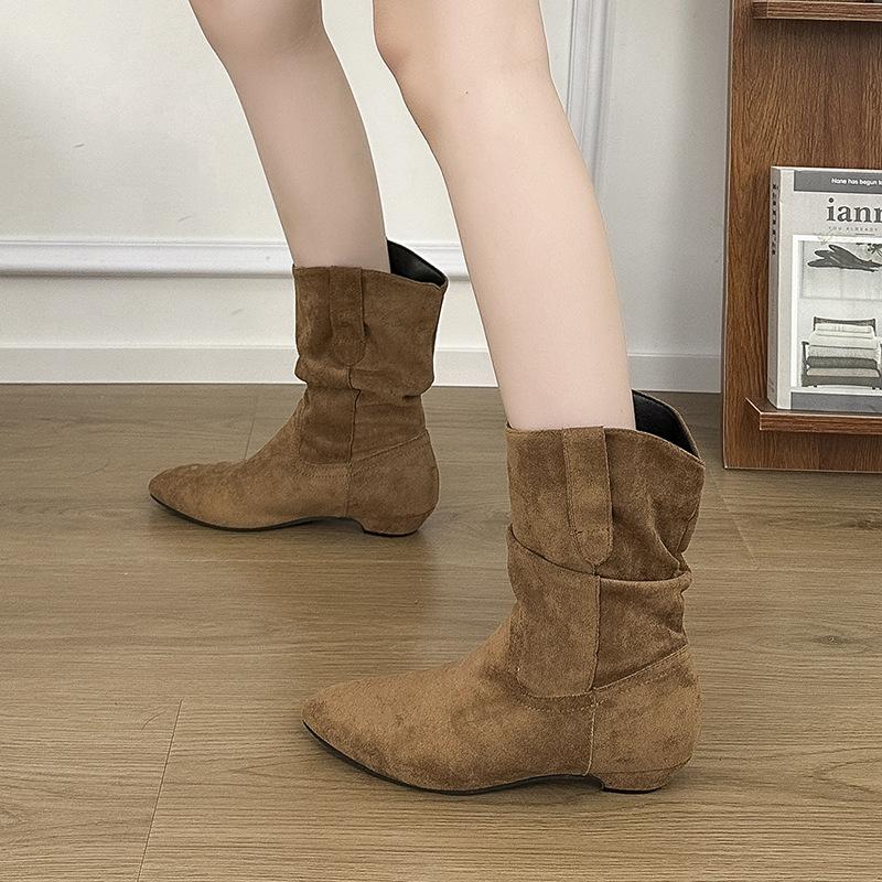 Pointed suede inner height increasing short tube stacking boots fashionable versatile thin boots flat bottom short boots women's pleated knight boots