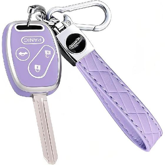 Key Fob Cover For Honda With Leather Keychain, Premium TPU Key Case Compatible With 2003-2015 Honda Accord Crosstour Civic EX CR-V Pilot Element