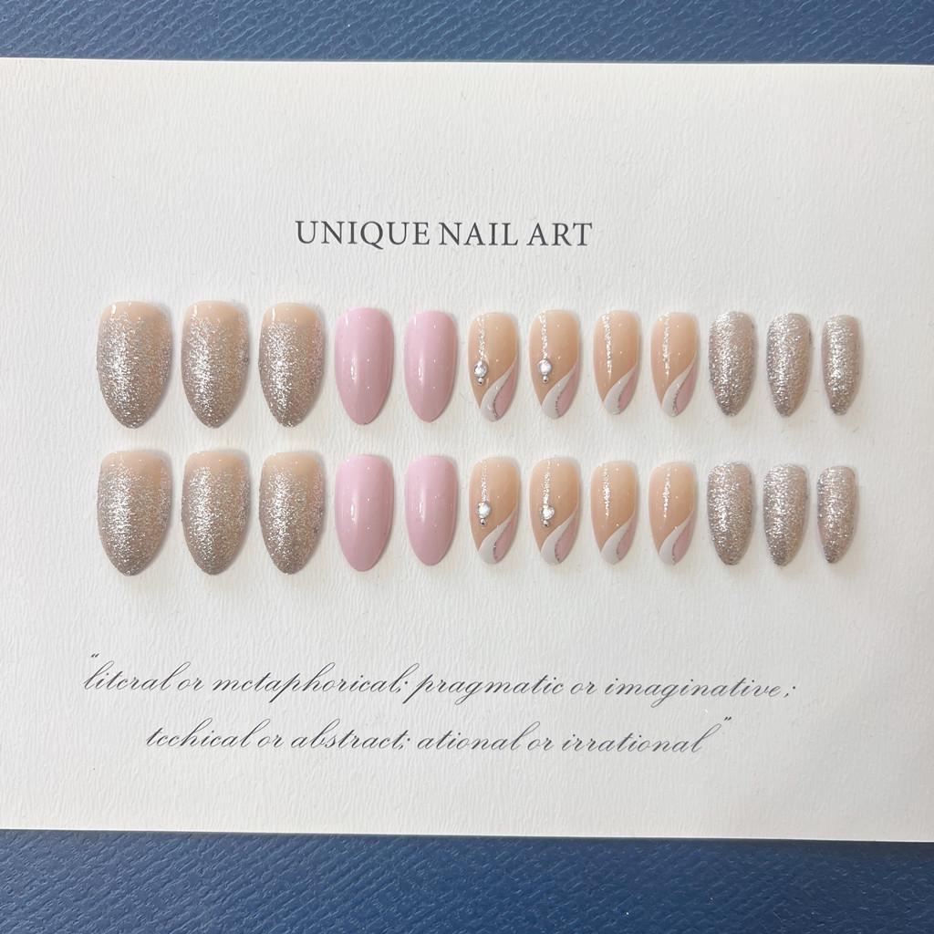 Almond Glitter Line Removable French Manicure Nails