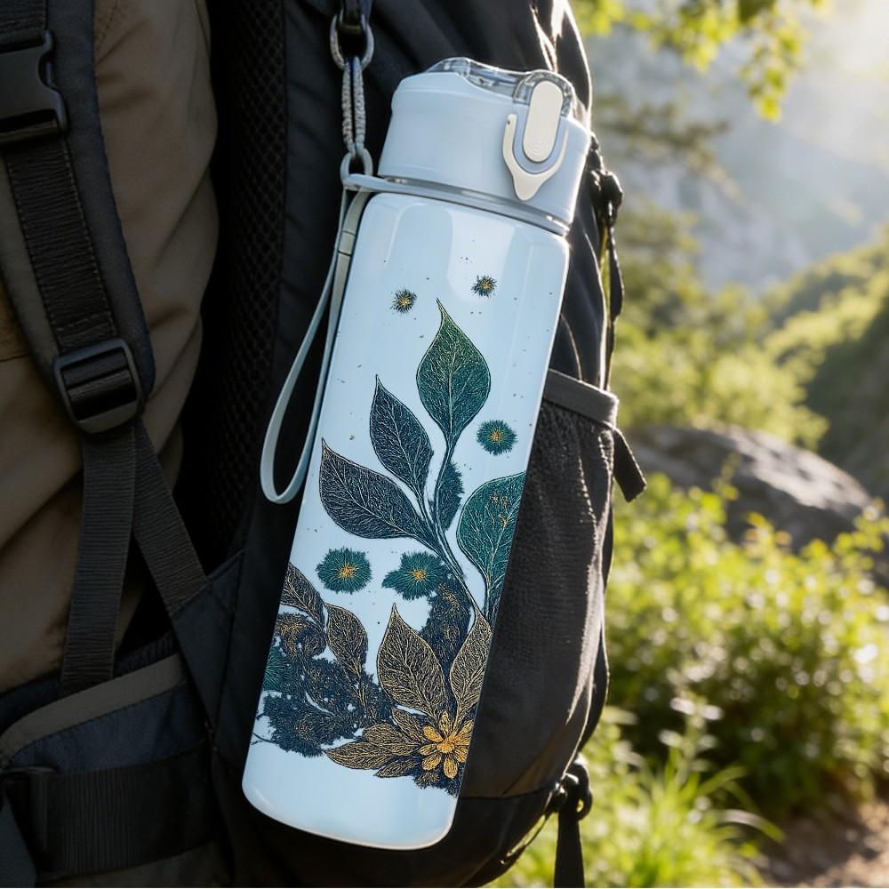 1PC Dark Teal Leaf Botanical Art Print 750ml Color Plastic Sports Water Bottle Leakproof Flip Straw Lid Suitable for Sports Office Home Use