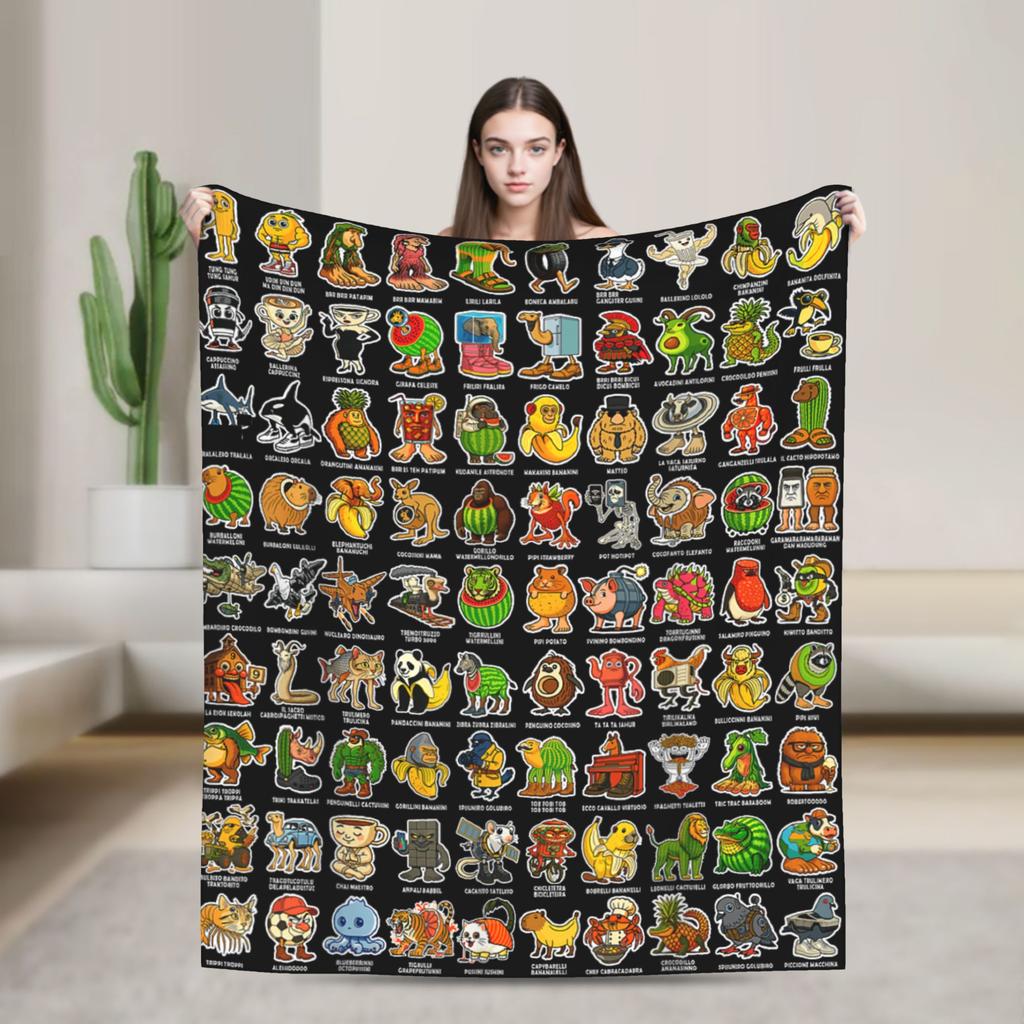 Funny Italian Brainrot Memes Compilation Blanket Travel Flannel Throw Blanket For Home Decor Super Warm Quality Bedspread Gift
